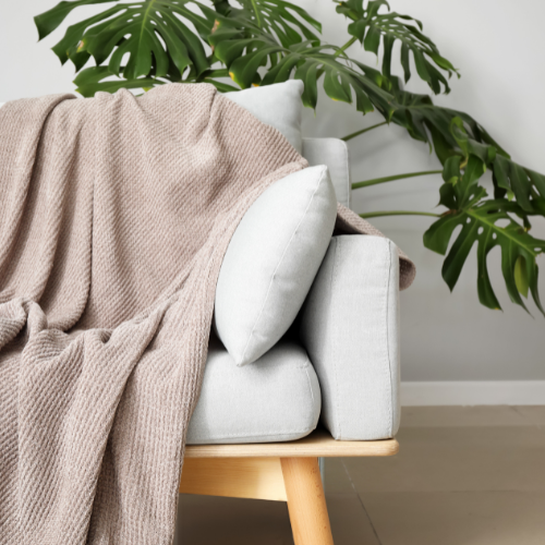 A close up of a white couch